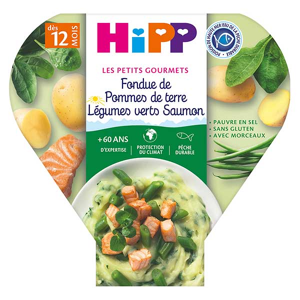 Hipp Bio Les Petits Gourmets Assiette Fondue Pommes de Terre Légumes Verts Saumon +12m 230g - Publicité