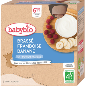 Babybio Desserts Lactés Gourde Brassé Framboise Banane +6m Bio 4 x 85g - Publicité