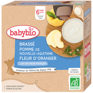 Babybio Desserts Lactés Gourde Brassé Lait de Vache Fleur d'Oranger +6m Bio 4 x 85g - Publicité