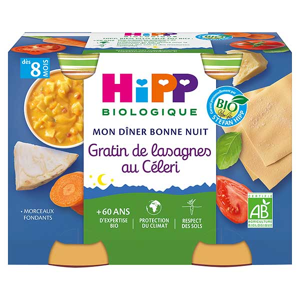 Hipp Bio Mon Dîner Bonne Nuit Bol Gratin de Lasagnes au Céleri +8m Lot de 2 x 190g - Publicité