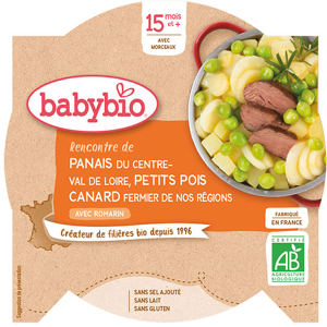 Babybio Repas Midi Assiette Panais Petits Pois Canard +15m Bio 260g - Publicité