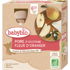 Babybio Gourdes Poire Fleur d'Oranger +6m Bio 4 x 90g - Publicité