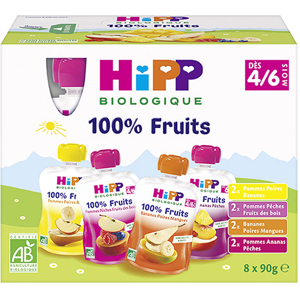 Hipp Bio 100% Fruits Gourde Multipack 4 variétés +4m 8 x 90g - Publicité