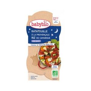 Babybio Bonne Nuit Ratatouille à la Provençale & Riz de Camargue au Basilic - Carton 2 bols de 200 g