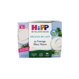 HiPP Delices de Lait au Fromage Blanc Nature Sucre des 6 Mois Bio 4 Pots - Carton 4 pots de 100 g