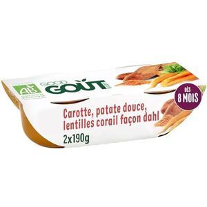 Good Goût Carottes, Patates Douces, Lentilles Corail Façon Dahl Plat Cuisiné Pour Bébé Dès 8 Mois Purée Moulinée Fabriqué En France Bols Micro-Ondables 2x190g - Publicité