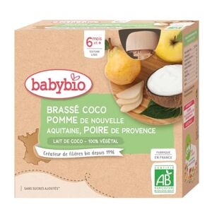 Babybio Brassés Végétaux Gourdes Lait de Coco Pomme Poire 4x85 g 6+ Mois BIO - Publicité