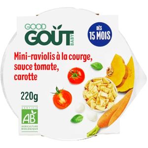 Good Goût Mini-Raviolis À La Courge, Sauce Tomate Et Carottes Plat Cuisiné Pour Bébé Dès 15 Mois Avec Morceaux Fabriqué En France Assiette Micro-Ondable 190g - Publicité