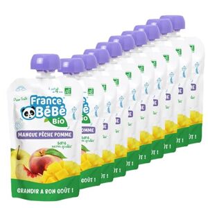 FRANCE BéBé BIO Compote de fruits BIO en gourde dès 4 mois Mangue Pêche Pomme Pack de 12 x 100g - Publicité