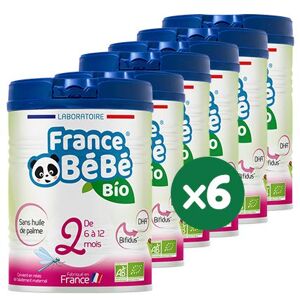 FRANCE BéBé BIO Lait infantile de suite bébé 2ème âge en poudre Fabriqué en France OMEGA 3 SANS HUILE DE PALME BIFIDUS Pack 6 boîtes de 800g - Publicité