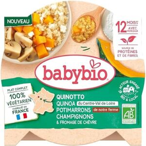 Babybio Quinotto végétal Quinoa Potimarrons verts de notre Ferme Champignons Fromage de chèvre 230g BIO 12+ mois - Publicité