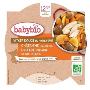 Babybio Assiette Patate Douce Châtaigne Pintade Fermière du Poitou Bio 230 g dés 12 mois - Publicité