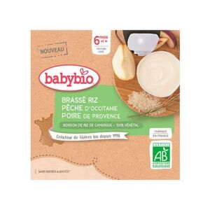 BabyBio Gourdes Riz Peche Poire 4uts 85g - Publicité