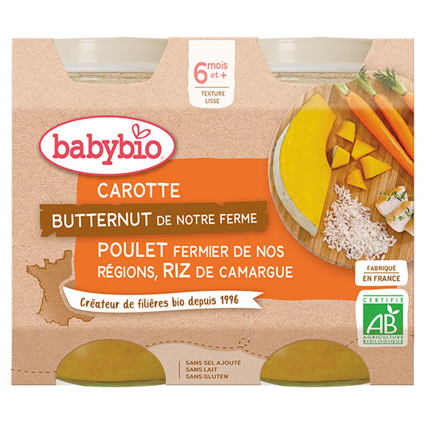 Babybio Petits Pots Midi Carotte Butternut Poulet Riz +6m Bio 2 x 200g