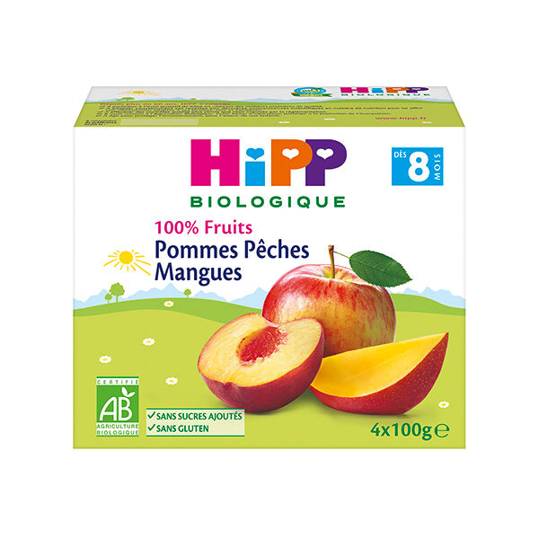 Hipp Bio 100% Fruits Coupelle Pommes Pêches Mangues +8m 4 x 100g