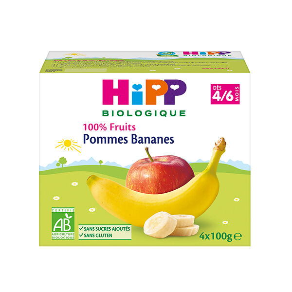 Hipp Bio 100% Fruits Coupelle Pommes Bananes +4m 4 x 100g