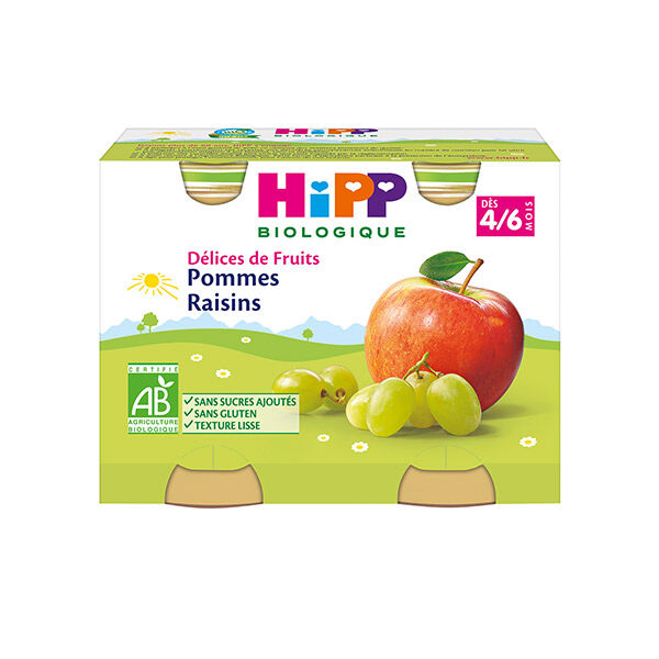 Hipp Bio Délices de Fruits Pot Pommes Raisins +4m 2 x 190g