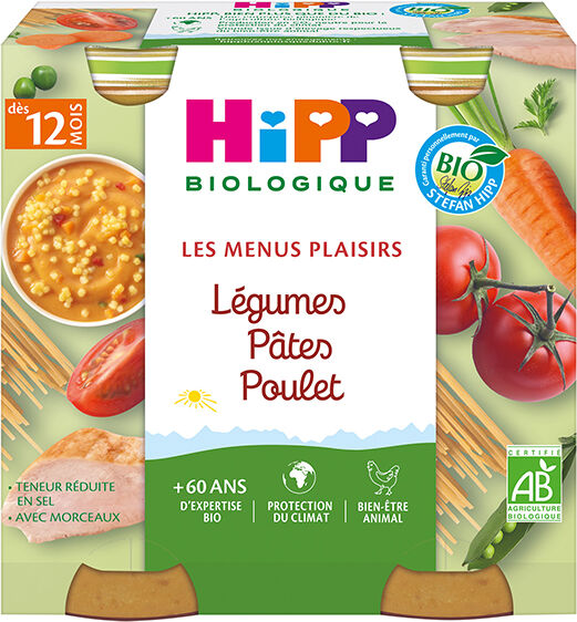 Hipp Bio Les Menus Plaisirs Pot Légumes Pâtes Poulet +12m 2 x 250g