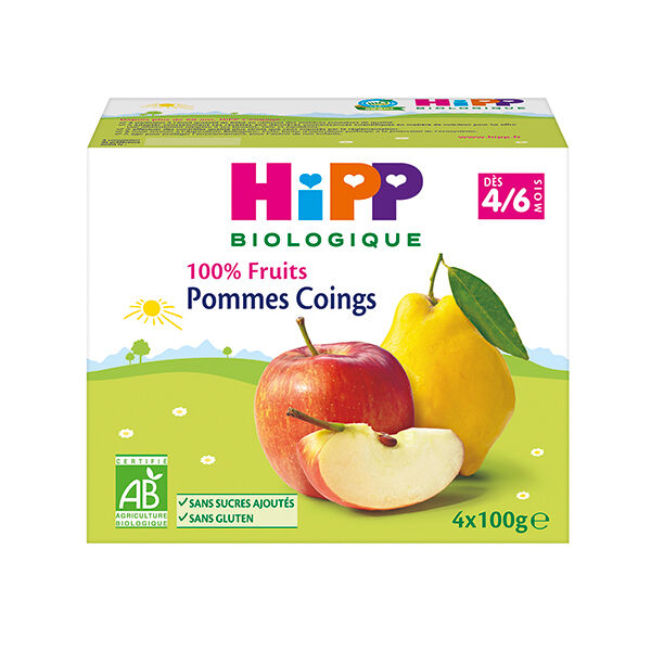 Hipp Bio 100% Fruits Coupelle Pommes Coings +4m 4 x 100g