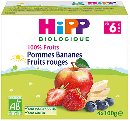 Hipp Bio 100% Fruits Coupelle Pommes Bananes Fruits Rouges +6m 4 x 100g