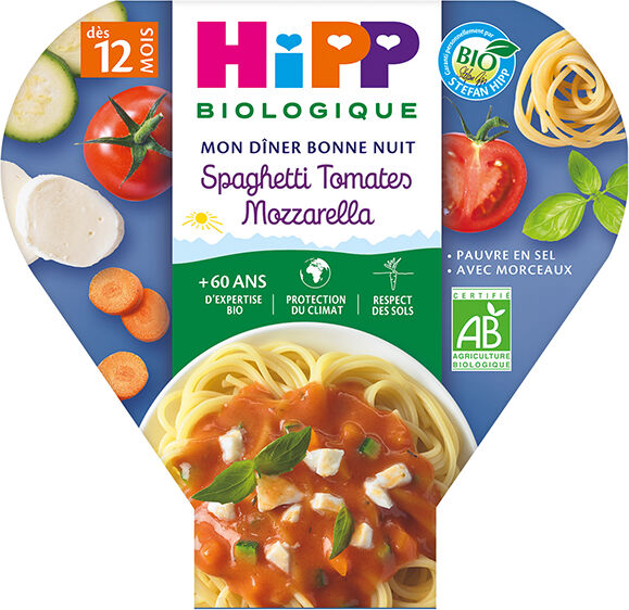 Hipp Bio Mon Dîner Bonne Nuit Assiette Spaghetti Tomates Mozzarella +12m 230g