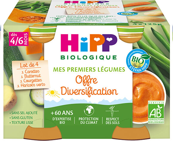 Hipp Bio Mes Premiers Légumes Pot Carottes Haricots Verts Courgettes Potiron +4m 4 x 125g