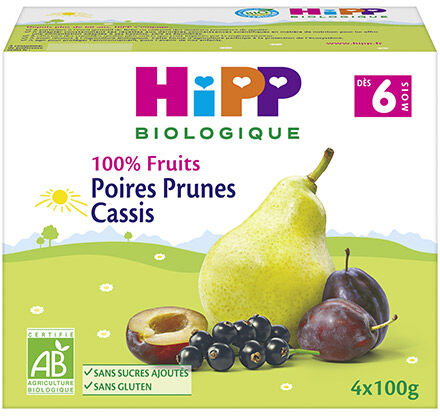 Hipp Bio 100% Fruits Coupelle Poires Prunes Cassis +6m 4 x 100g