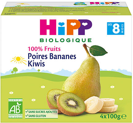 Hipp Bio 100% Fruits Coupelle Poires Bananes Kiwis +8m 4 x 100g