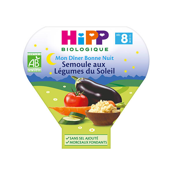 Hipp Bio Mon Dîner Bonne Nuit Assiette Semoule aux Légumes du Soleil +8m 200g