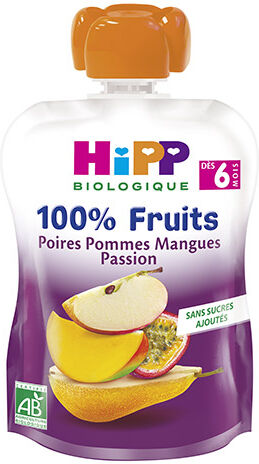 Hipp Bio 100% Fruits Gourde Poires Pommes Mangue Passion +6m 90g