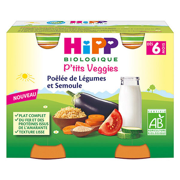 Hipp Bio P'tits Veggies Pot Poêlée de Légumes et Semoule +6m 2 x 190g
