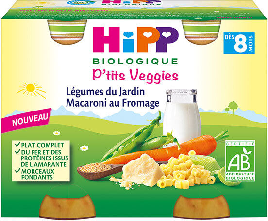 Hipp Bio Mon Dîner Bonne Nuit Pot Légumes du Jardin Macaroni au Fromage +8m 2 x 190g