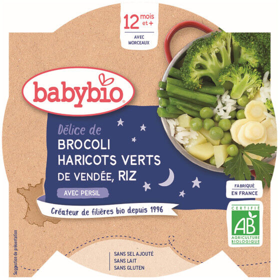 Babybio Bonne Nuit Assiette Brocoli Haricots Verts Riz +12m Bio 230g