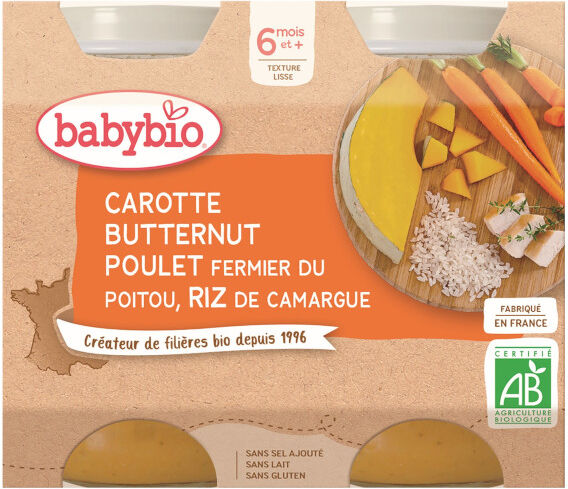 Babybio Menu du Jour Pot Carotte Butternut Poulet Riz +6m Bio 2 x 200g