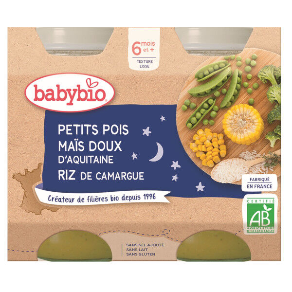 Babybio Bonne Nuit Pot Petits Pois Maïs Riz +6m Bio 2 x 200g