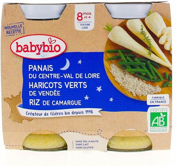 Babybio Bonne Nuit Pot Panais Haricots Verts Riz +8m Bio 2 x 200g