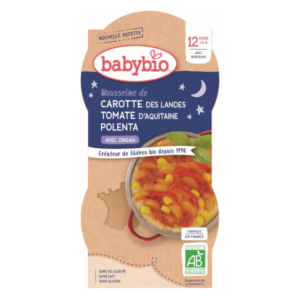 Babybio Bonne Nuit Bol Carotte Tomate Polenta +12m Bio 2 x 200g
