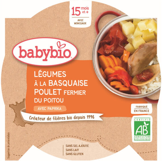 Babybio Menu du Jour Assiette Légumes à la Basquaise Poulet Riz +15m Bio 260g