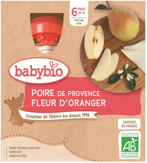 Babybio Mes Fruits Gourde Poire Fleur d'Oranger +6m Bio 4 x 90g