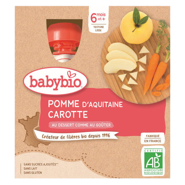 Babybio Mes Fruits Gourde Pomme Carotte +6m Bio 4 x 90g