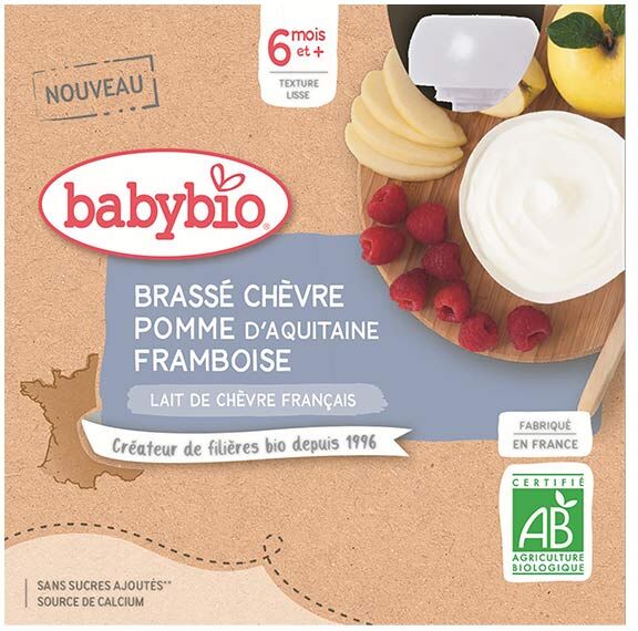 Babybio Mes Brassés Gourde Lactée au Lait de Chèvre Pomme d'Aquitaine Framboise +6m Bio 4 x 85g