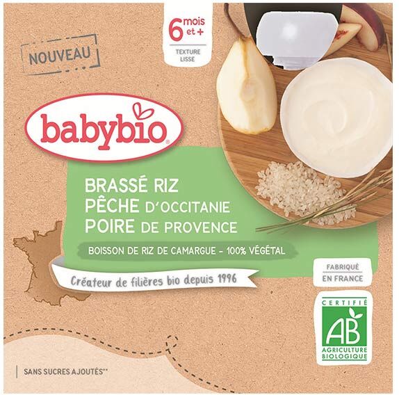 Babybio Mes Brassés Gourde Lactée au Lait de Riz Pêche Poire +6m Bio 4 x 85g