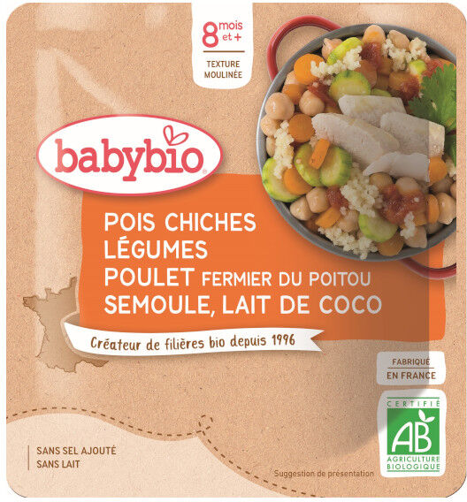 Babybio Menu du Jour Sachet Pois Chiches Légumes Poulet Fermier Semoule et Lait de Coco +8m Bio 190g