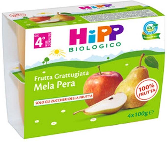 HiPP Frutta Grattugiata Biologica Mela e Pera dai 4+ Mesi, 4 x 100g