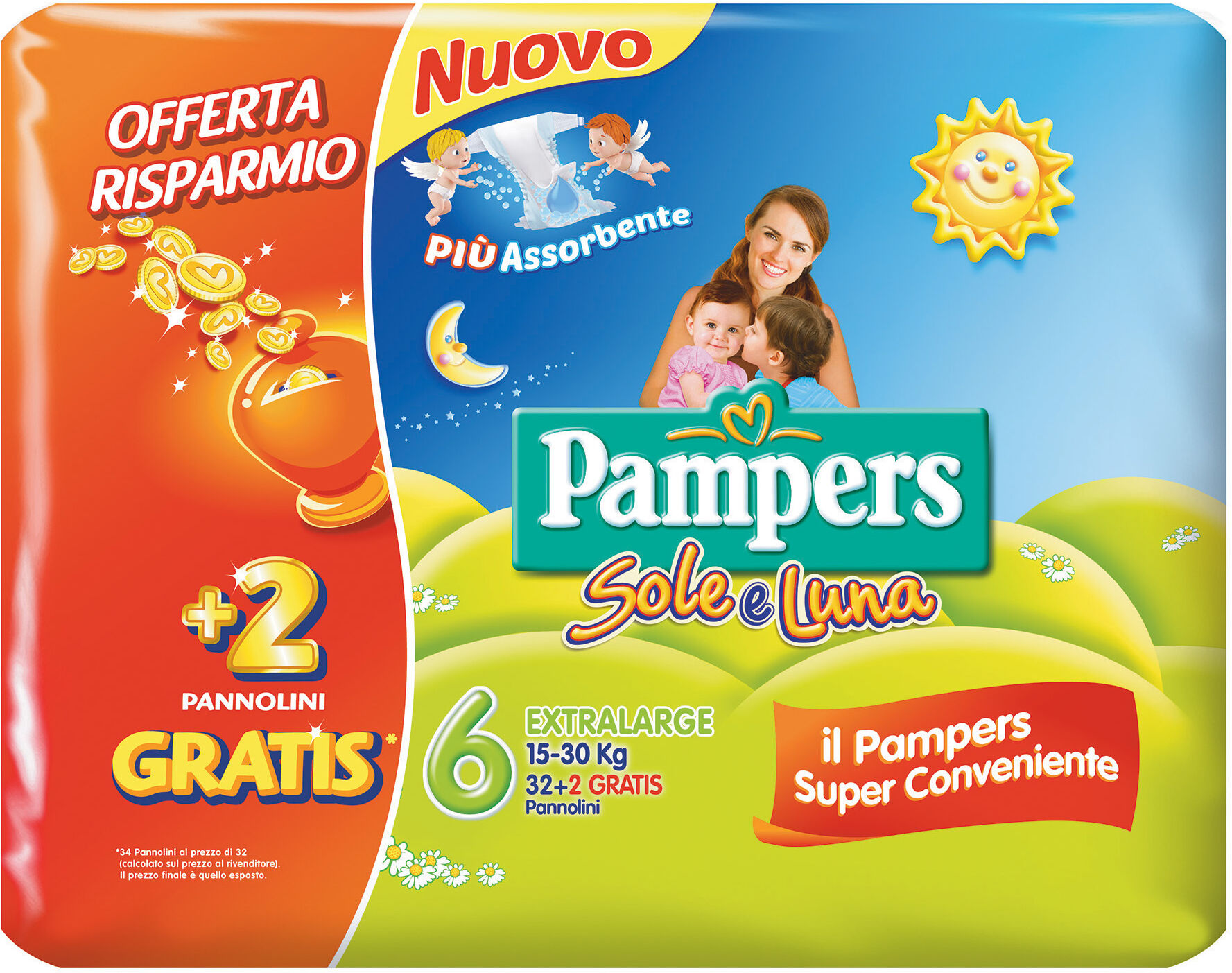 PAMPERS sole & luna xl 34 pezzi