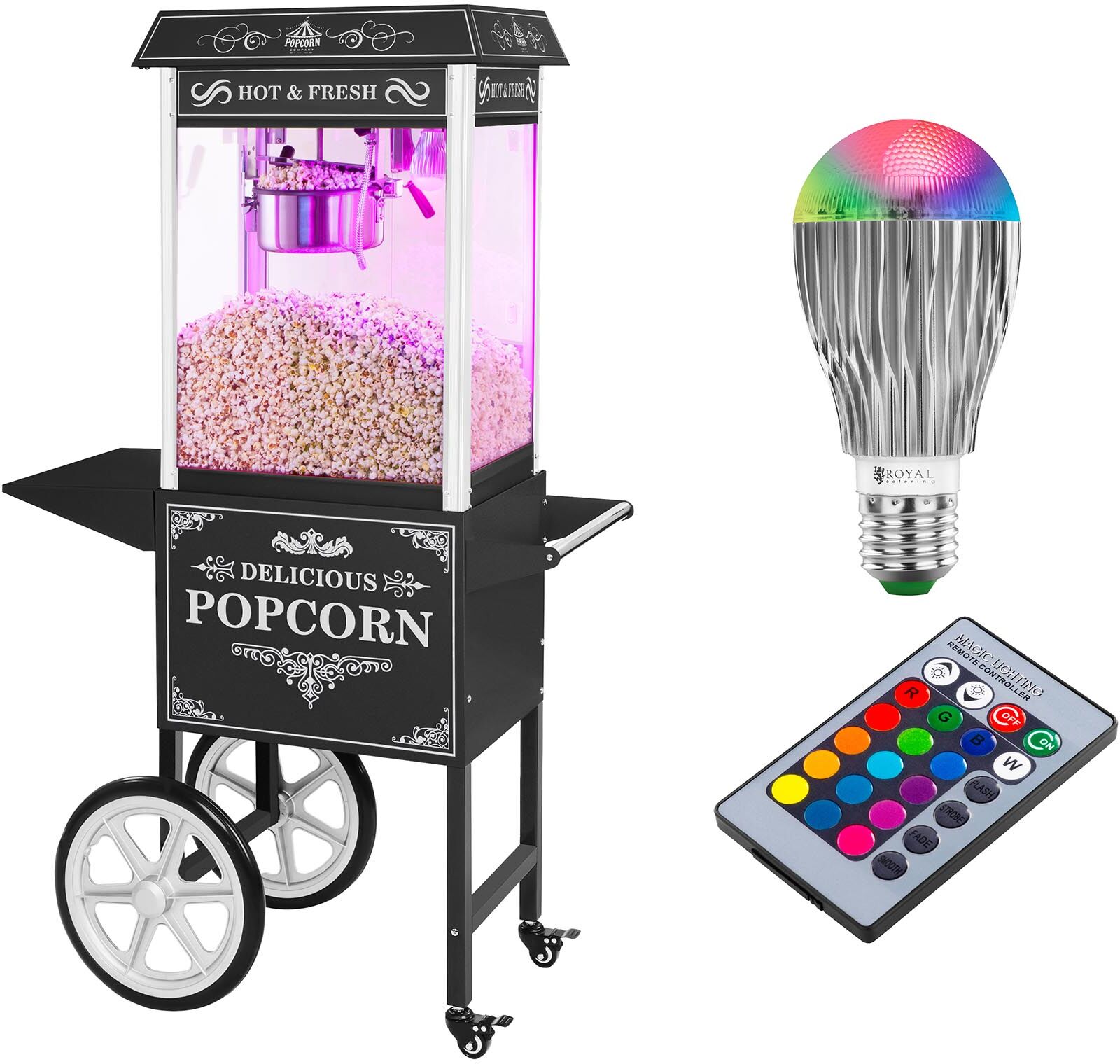 Royal Catering Popcornmaschine mit Wagen und LED-Beleuchtung - Retro-Design - schwarz