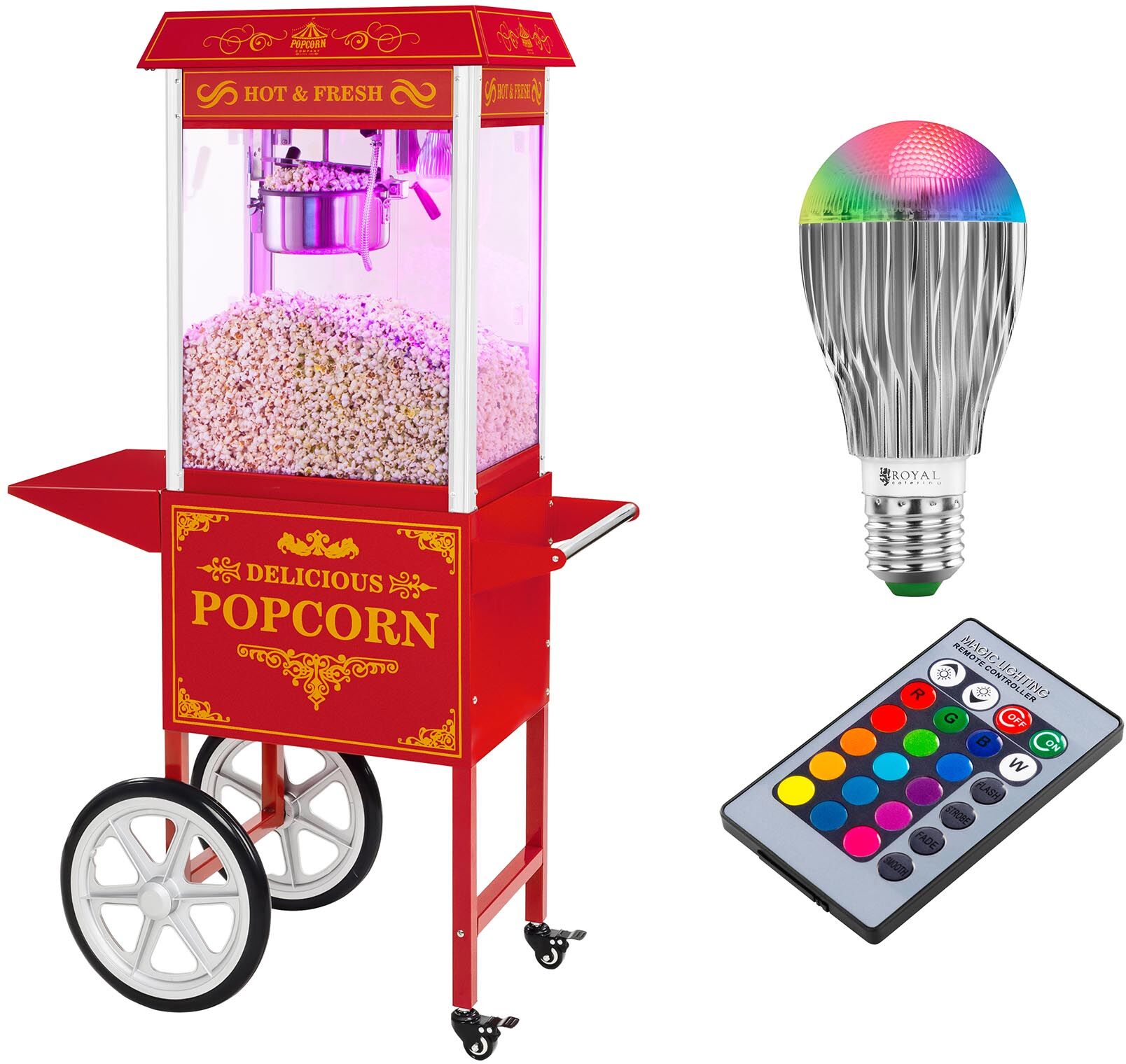 Royal Catering Popcornmaschine mit Wagen und LED-Beleuchtung - Retro-Design - rot