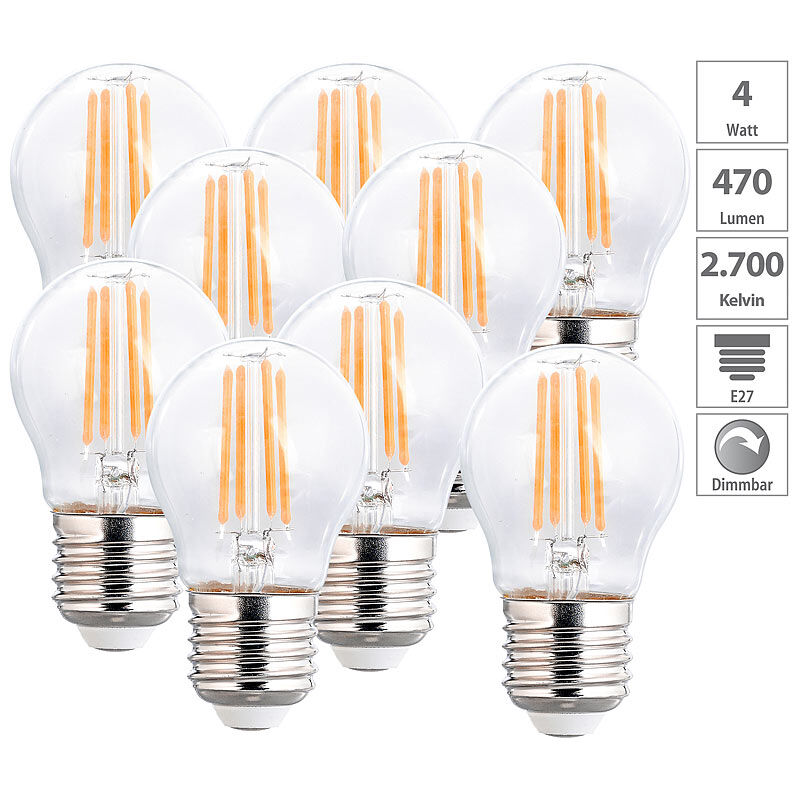 Luminea 9er-Set LED-Filament-Lampen, G45, E27, 470 lm, 4 W, 2700 K, dimmbar