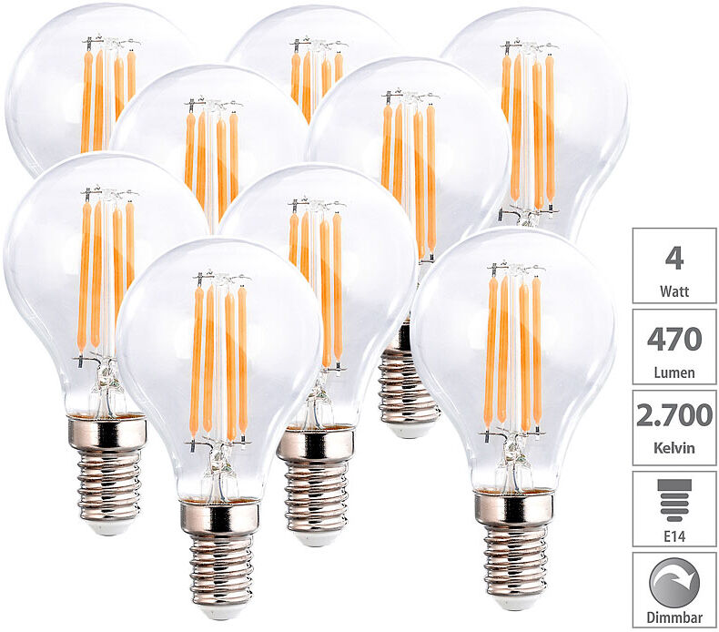 Luminea 9er-Set LED-Filament-Lampen, G45, E14, 470 lm, 4 W, 2700 K, dimmbar