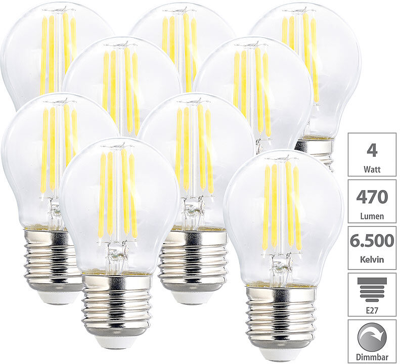 Luminea LED-Filament-Lampen im 9er-Set, G45, E27, 470 lm, 4 W, 6500 K, dimmbar